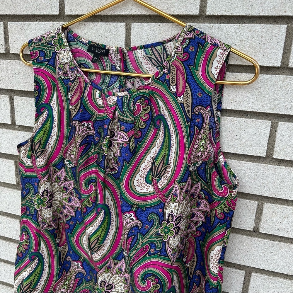 Talbots 100% Silk Jewel Tone Paisley Tank Shell Top Multicolor Petite 12P Boho - Picture 3 of 9